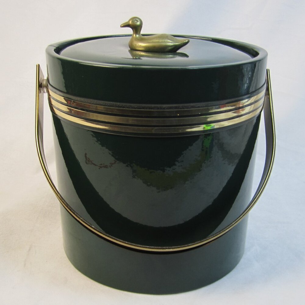 Vintage Hunter Green Ice Bucket with Handle & Brass Duck - Used